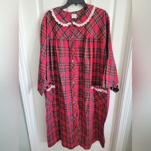 Vtg Carole Red Plaid Cotton Snap Flannel Nightgown Mumu Ruffle Trim Size 2X